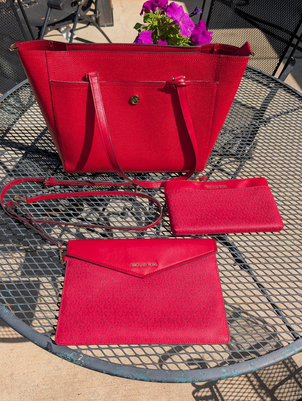 Like New!! Michael Kors Red Leather Tote with Front Slip Pocket 3 Piece Set